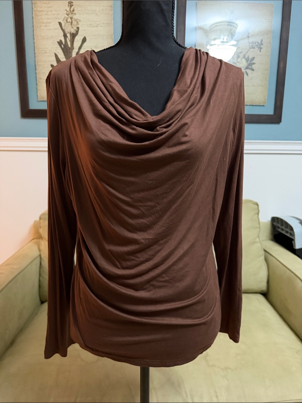 Cider Chocolate Brown Draped Cowl Long-Sleeve Top